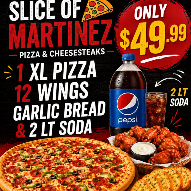 1 XL Pizza 1 Topping, 12 Wing, 2 Liter Soda, Small Garlic Stick.